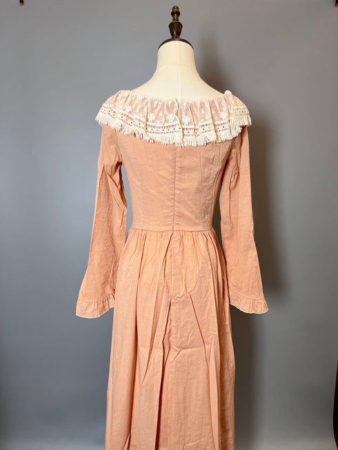 Pink Regency Era Dress with Lace - Pink Maxi Dress with Long Sleeves and Flower Accessories- Regency Dress Plus Size